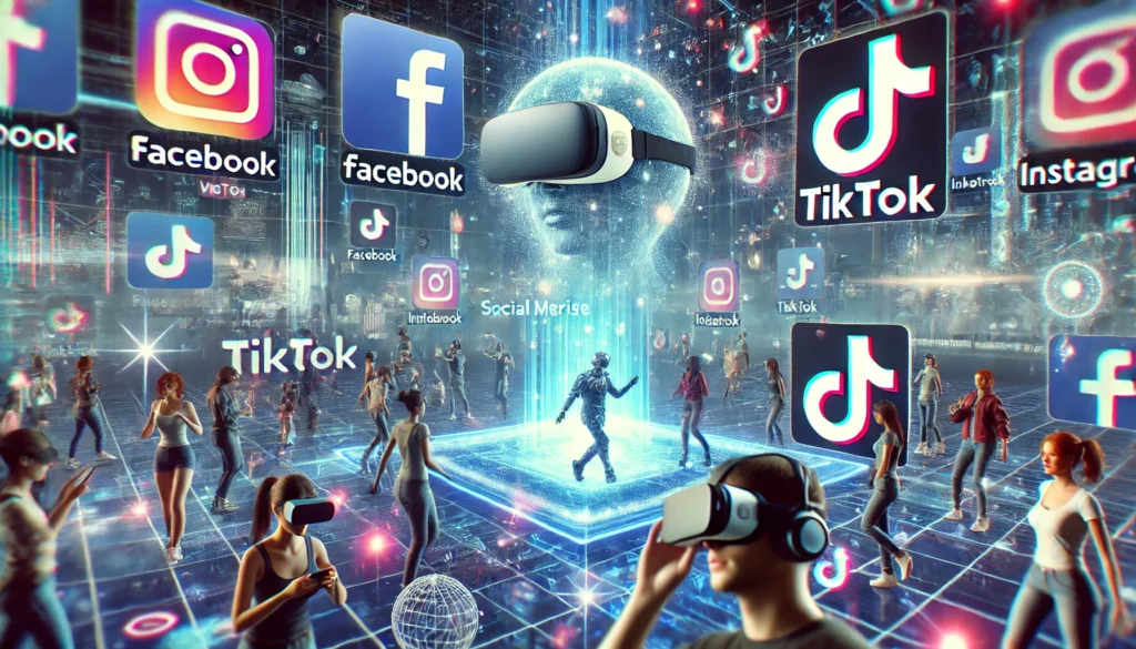 A highly immersive Metaverse world where users engage with Facebook, Instagram, and TikTok in a virtual reality space with AI-generated influencers.